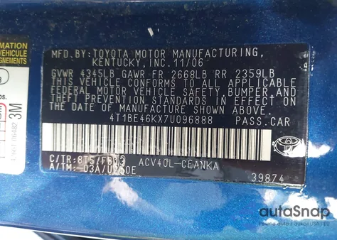 2007 Toyota Camry Le z USA, uszkodzony, nr VIN 4T1BE46KX7U096888